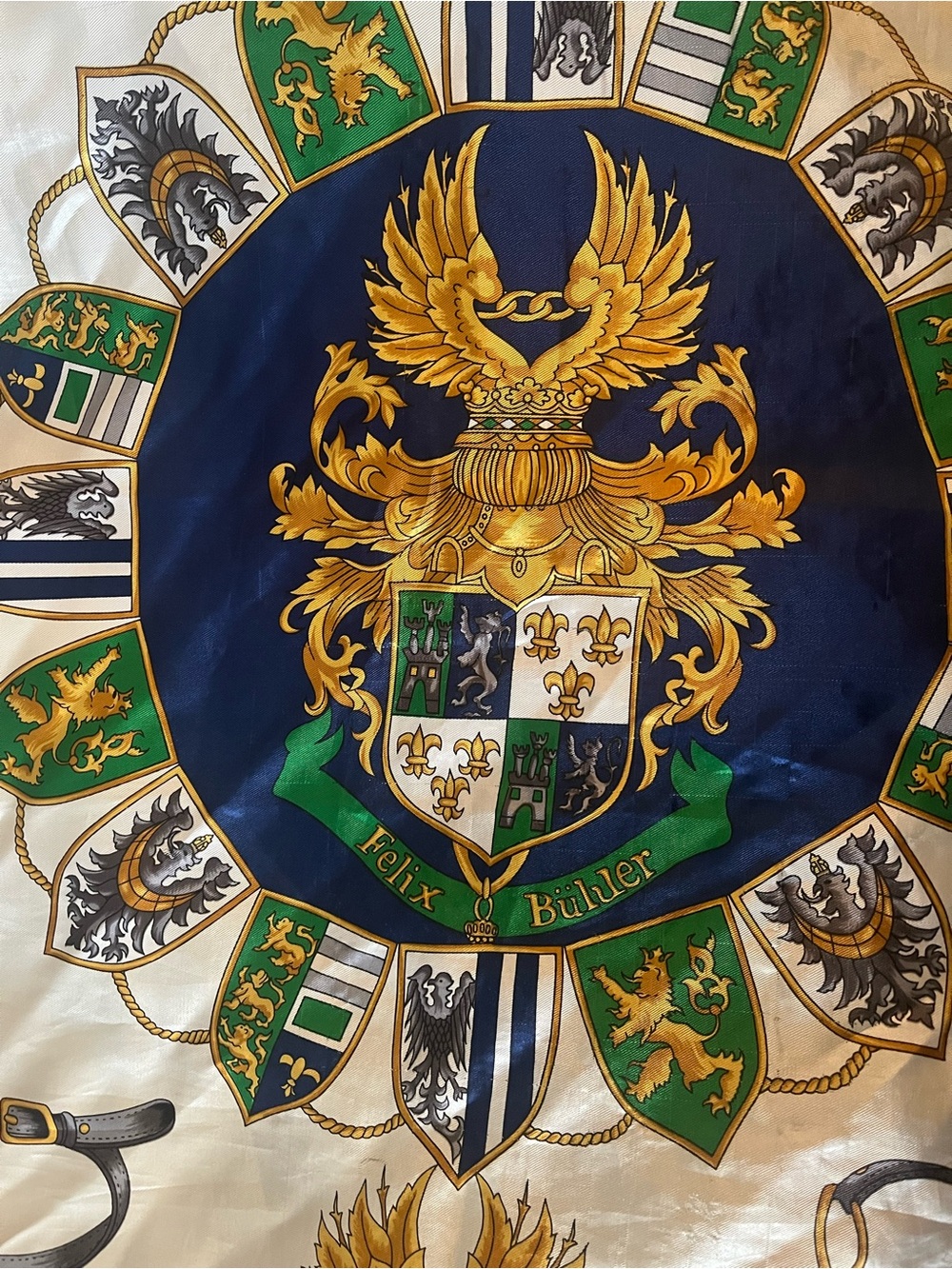 Navy & Green Heraldic Decorative Crested Scarf. Hand rolled edges.